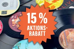 15 % AKTIONS-RABATT in einem orangefarbenen Stern. Hintergrund: verschiedene Schallplatten und CDs.