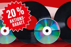 "20% Aktions-Rabatt" steht auf einem roten Stern. Vinyl-Schallplatten und CDs sind vor einem roten Hintergrund arrangiert.