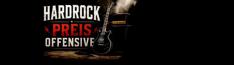 "Hardrock Preis Offensive" in kräftiger Schrift, daneben eine E-Gitarre vor einem qualmenden Verstärker.