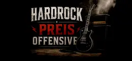 "Hardrock Preis Offensive" in kräftiger Schrift, daneben eine E-Gitarre vor einem qualmenden Verstärker.