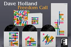 „Dave Holland Freedom Call.“ Schallplatten und Verpackungen mit bunten geometrischen Mustern.
