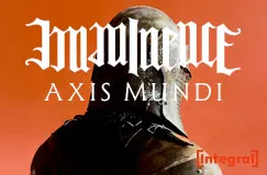 Text: "IMMINENCE AXIS MUNDI". [Integral]-Logo. Schattierte Gestalt in Rüstung vor rotem Hintergrund.