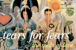Text: "tears for fears" und "the seeds of love". Zwei Personen mit Regenschirmen, umgeben von surrealen Elementen.