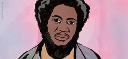 Illustration eines Mannes mit Bart und lockigem Haar vor einem rosa Hintergrund.