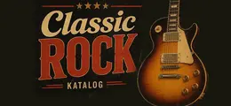 „Classic Rock Katalog“ in großen Buchstaben, daneben eine E-Gitarre im Retro-Stil.