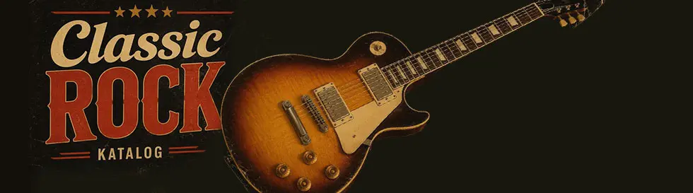 „Classic Rock Katalog“ in großen Buchstaben, daneben eine E-Gitarre im Retro-Stil.