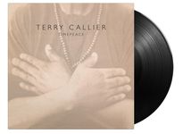 Text: "Terry Callier Timepeace". Sepia-Foto von gekreuzten Armen und Perlenkette. Schwarze Vinyl-Schallplatte rechts.