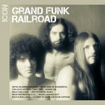 Albumcover von Grand Funk Railroad mit drei Männern und einer Titelliste, u.a. "WE'RE AN AMERICAN BAND".