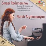 "Sergei Rachmaninov, Nareh Arghamanyan piano" sind Texte, rote Haare Frau spielt Klavier, "PentaTone classics" Logo.