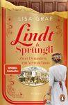 Titel: "Lindt & Sprüngli - Zwei Dynastien, ein Vermächtnis". Frau in weißem Kleid, Vintage-Stadtbild, Schokoladentafeln oben.