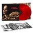 "EVITA" in roter Schrift auf einem Albumcover, darunter Menschenmengen mit Schildern. Zwei rote Schallplatten und ein Booklet.