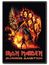 "Iron Maiden, Burning Ambition" in roter Schrift. Ein Monster mit Flammen und Gesichtern, Gebäude und eine Gestalt vor Feuer.