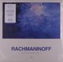 „Piano Concerto No. 2“, Rachmaninoff. Blau-violette Wolken. DECCA-Logo. Kontrastreiche Gestaltung.