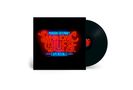 „Morgan Freeman's Symphonic Blues Experience“ in Neonbuchstaben. Schwarze Vinyl-Schallplatte auf der rechten Seite., LP