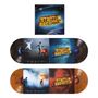 "Stadium Arcadium" in gelben Buchstaben. Es ist ein Album von Red Hot Chili Peppers mit zwei Schallplatten in kosmischem Design., 4 LPs