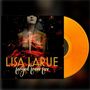 Text: "LISA LARUE forged from fire". Eine Frau mit geschlossenen Augen, umgeben von roten Flammen, daneben eine orangefarbene Schallplatte., LP