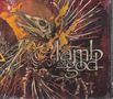 „Lamb of God“, „Omens“. Illustration eines Skelettvogels mit Flammen auf rotem Hintergrund., CD