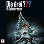 "Die drei ??? O Geisterbaum" zeigt einen unheimlichen Tannenbaum mit einem gespenstischen Gesicht und bunten Lichtern.