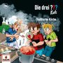 "Die drei ??? Kids - Teuflische Küche". Drei Kinder in der Küche, einer schmeckt mit einem Kochlöffel, andere sehen erschrocken aus.