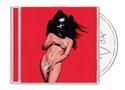 Ein CD-Cover mit rotem Hintergrund zeigt eine nackte Person mit Helm, die den Körper verdeckt. Ein CD-Booklet ist sichtbar., CD