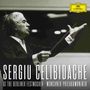 Text: "Sergiu Celibidache, At the Berliner Festwochen, Münchner Philharmoniker". Dirigent in Aktion, gelbes Logo oben rechts., 3 CDs