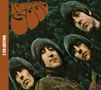 "Rubber Soul" in großer, stilisierter Schrift oben, "2 CD Edition" links. Vier Männer mit langen Haaren schauen nach unten., 2 CDs