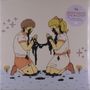 Text: "GREET DEATH 'DIE IN LOVE' 9 SONGS ABOUT LOVE AND DEATH". Zwei Figuren knien sich ansehend, verbinden durch schwarze Substanz., LP