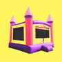 Text: "Eric Stucki's BOUNCE HOUSE." Eine aufblasbare Hüpfburg in Gelb, Pink und Lila mit Türmen. Hintergrund gelb., LP