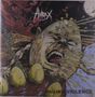 Texte: "Hirax", "Raging Violence". Illustration einer schreienden Person mit platzen Köpfen und surrealen Elementen., LP