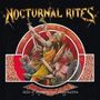 "Nocturnal Rites" oben, "tales of mystery and imagination" unten. Illustration: Krieger in Kampfpose, mythologische Motive., 2 LPs