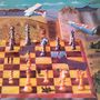 "FOOLS MATE PETER HAMMILL" steht an einem Flugzeugbanner. Eine surreale Landschaft mit riesigem Schachbrett und Figuren., LP