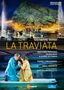 Poster der Bregenzer Festspiele für "La Traviata" von Giuseppe Verdi. Szenenbild mit vielen Figuren und großem Bühnenaufbau.