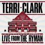 "Terri Clark, Live from the Ryman." Illustration eines roten Gebäudes mit einem detaillierten architektonischen Design., 2 LPs