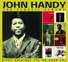 "JOHN HANDY", "THE CLASSIC ALBUMS", "EIGHT ORIGINAL LPs ON FOUR CDs". Porträt eines Mannes mit Saxophon, Albumcovers rechts., 4 CDs