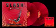 "SLASH featuring Myles Kennedy. FLYING BLIND" in großen, schwarzen Lettern. Rote Schallplatten mit Spiralmuster., 2 LPs