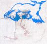 Keine sichtbaren Texte. Ein blaues Tier, schemenhaft gemalt, steht auf einem dünnen Zweig, darunter abstrakte Formen., LP