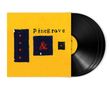 Text: "Pinegrove". Gelber Hintergrund mit blauen Rechtecken, roten Symbolen und sichtbaren Vinyl-Schallplatten., 3 LPs