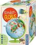 Text: "Kinder-GLOBUS". Illustration eines Globus mit grünem Standfuß, umgeben von Tieren.