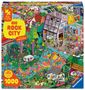 "BIG ROCK CITY" steht auf gelben Grund. Illustration einer bunten, belebten Stadt mit vielen Details und Aktivitäten., Spiele