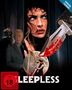 Vorab-Cover oben, FSK 18 links unten, darunter "SLEEPLESS". Illustration: Frau, blutiges Messer, Harfe vor Mond.