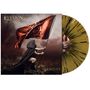 "ELYSION", "IDENTITY". Eine Figur in schwarzem Umhang hält eine rote Flagge. Vinyl mit schwarzem Muster., LP