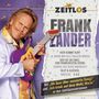 Texte: ZEITLOS, FRANK ZANDER, Songtitel aufgelistet. Ein Mann mit lila Gitarre, lächelnd, in buntem Hemd und Sakko., CD