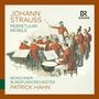 „JOHANN STRAUSS PERPETUUM MOBILE“, „MÜNCHNER RUNDFUNKORCHESTER PATRICK HAHN“. Illustration: Dirigent mit Orchester.