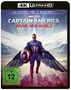 "4K ULTRA HD", "CAPTAIN AMERICA, BRAVE NEW WORLD", "FSK ab 12 freigegeben". Superheld mit Flügeln und Schild in der Luft.