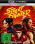 „4K Ultra HD“, „Street Fighter“, „FSK ab 12“, „VORAB-COVER“. Illustration mit drei kämpferischen Personen vor rotem Hintergrund.