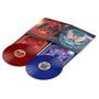 Rote und blaue Schallplatten mit komplexem Artwork zeigen geflügelte Figuren in farbenfrohen, kontrastreichen Designs., 2 LPs