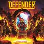 "DEFENDER" oben, "TITANS OF FIRE" unten. Flammenumhüllte, feurige Kreaturen, sitzend in einer feurigen Umgebung., LP