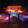 "SWEET LIVE 25" in leuchtenden Neonbuchstaben, umgeben von Funken, Berglandschaft im Hintergrund.