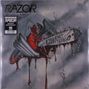 Logo-Text: "RAZOR". Text auf Motorsäge: "VIOLENT RESTITUTION". Eine blutige Motorsäge schneidet durch metallische Objekte., LP