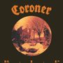 Text: "Coroner" oben, "R.I.P" unten. Eine verzerrte orangefarbene Ansicht eines Friedhofs mit Statue und Bäumen in der Mitte., LP
